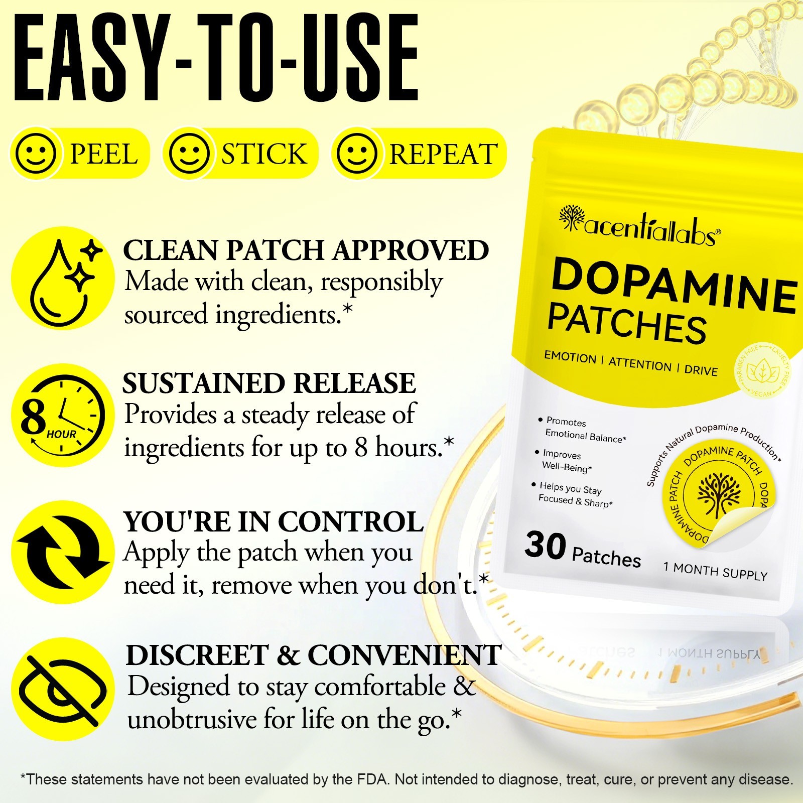 ACENTIALLABS Dopamine Support Patches | Mood, Focus & Mental Clarity | 30 Cts
