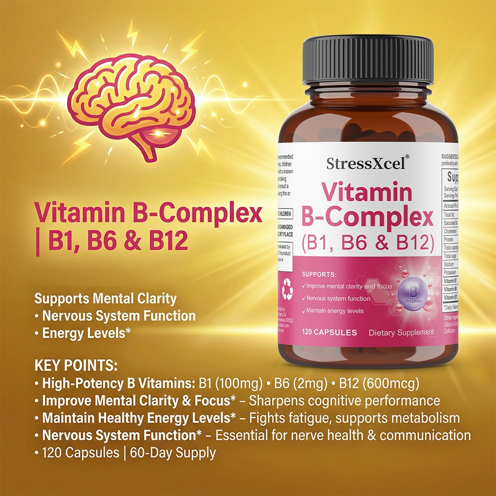 Vitamin B-Complex (B1, B6, B12) – Supports Energy, Mental Clarity 30/60/120Caps