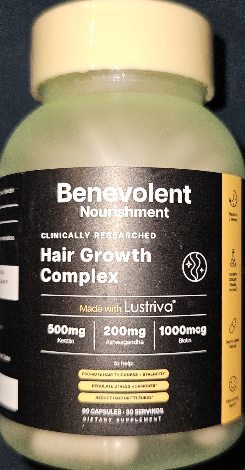 Benevolent Lustriva Hair Growth Supplement Hair Vitamins Keratin Biotin 90 Caps