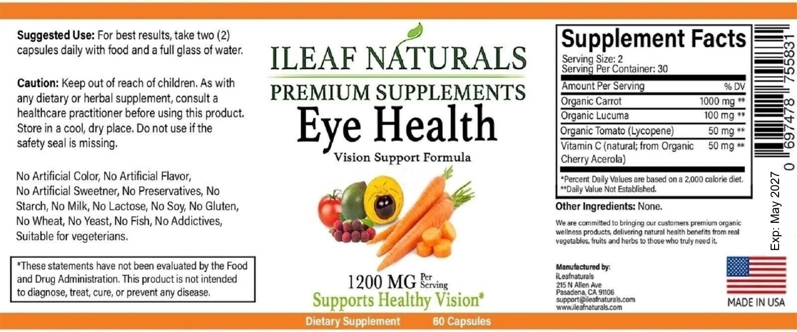 iLeafNaturals Eye Health Support 1200 MG – 60 Veggie Capsules