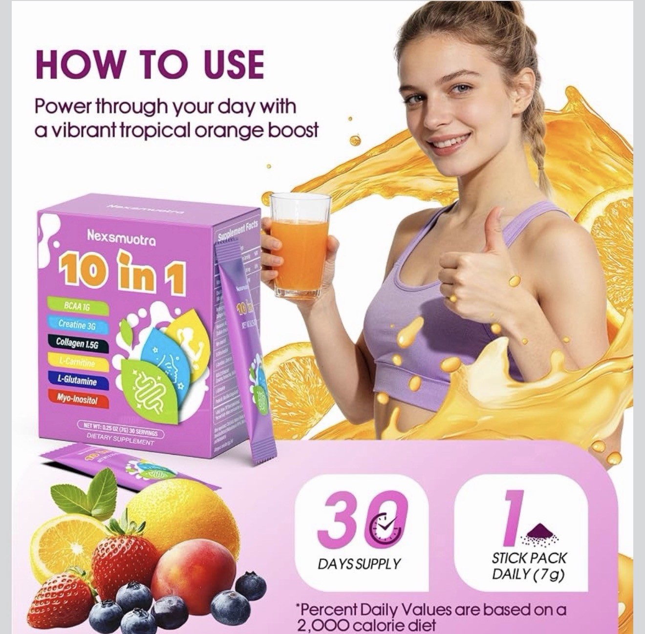 Nexsmuotra 10-in-1 Dietary Supplement Powder Sticks 30 Servings Tropical Orange
