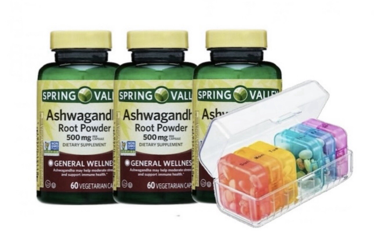 3X Spring Valley Ashwagandha Root Powder 500mg 60 Caps Plus 7 Day Pill Case