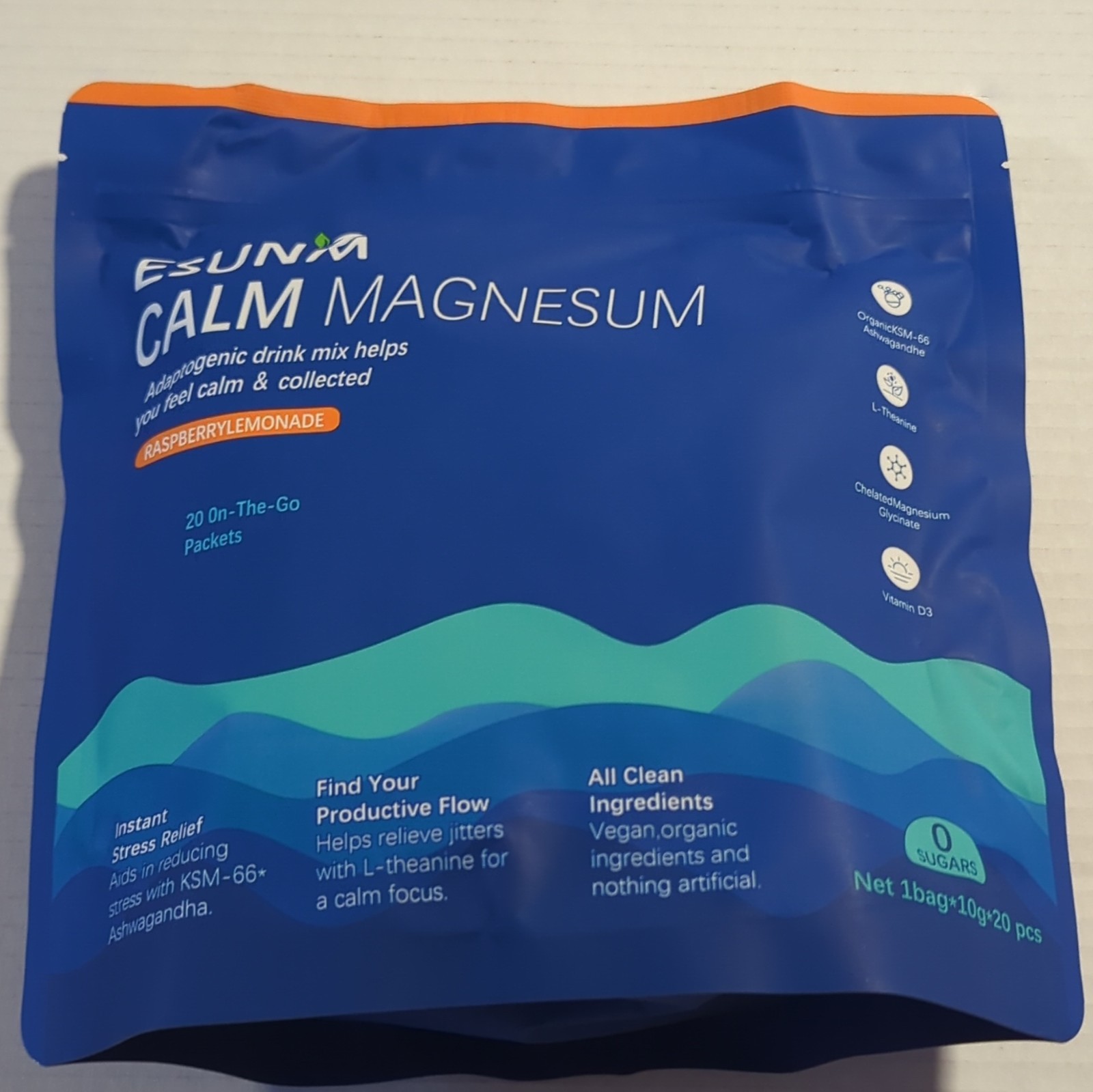 EsUNIA Calm Magnesium Powder Stress Relief Raspberry Lemonade 20x10g Vegan