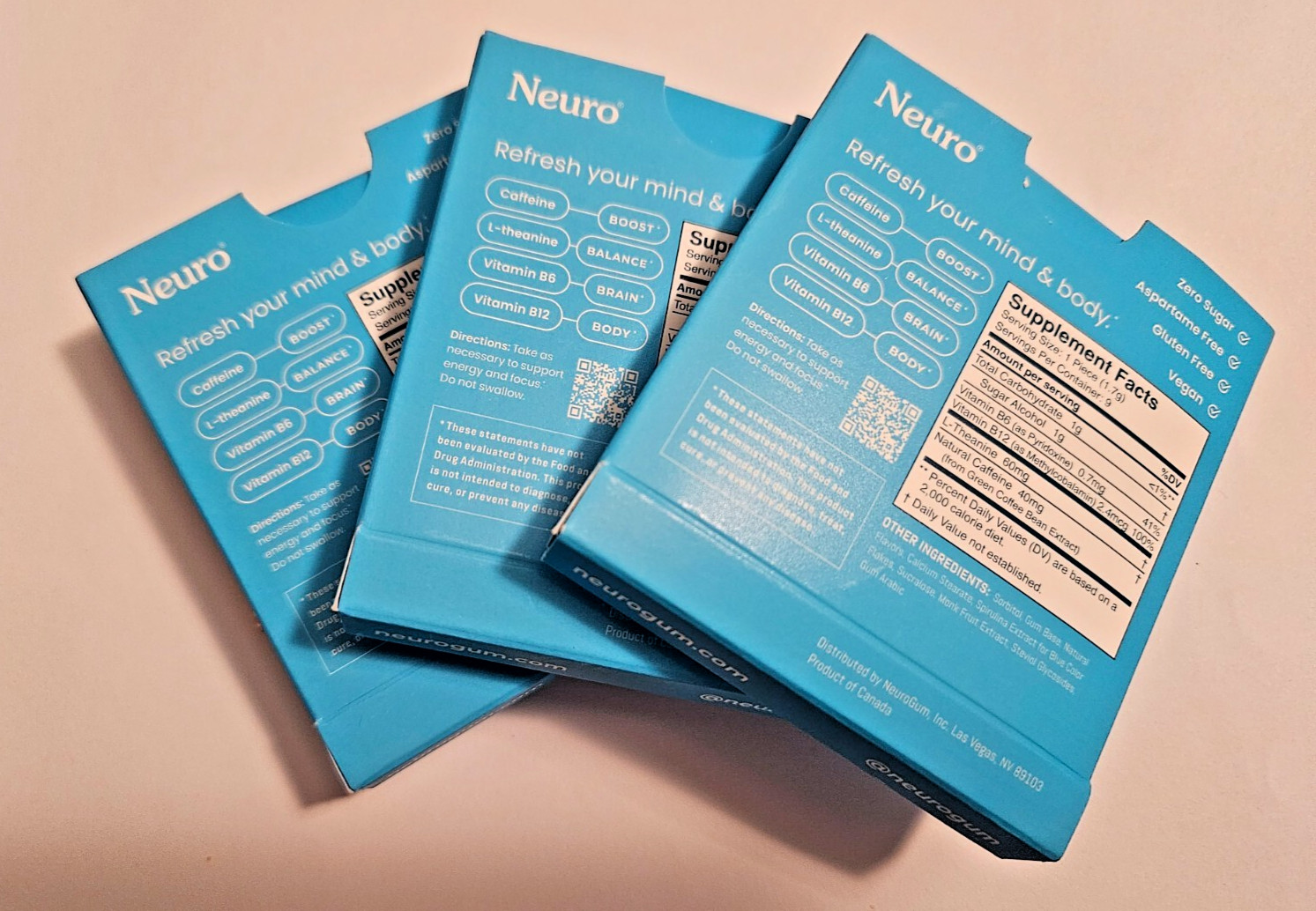 3 PACKS NEURO Gum Mint L-theanine B-12 Caffeine Boost Energy & Focus 27 pc NEW!