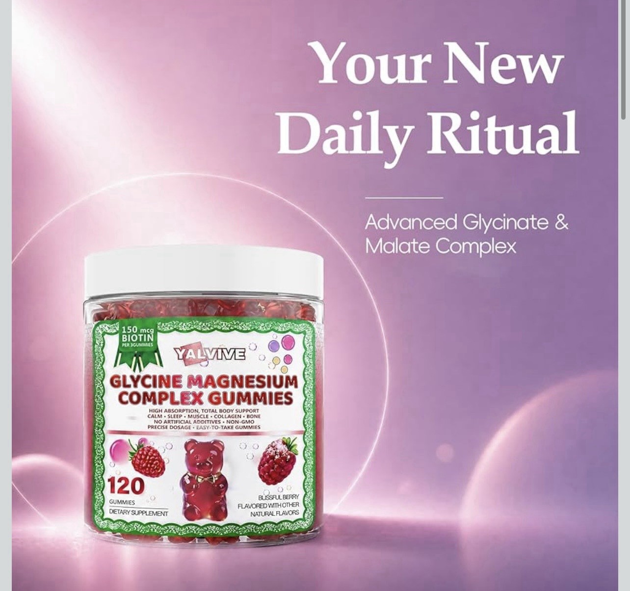YALVIVE Magnesium Glycine Complex Gummies 1000mg Blissful Berry 120 Ct