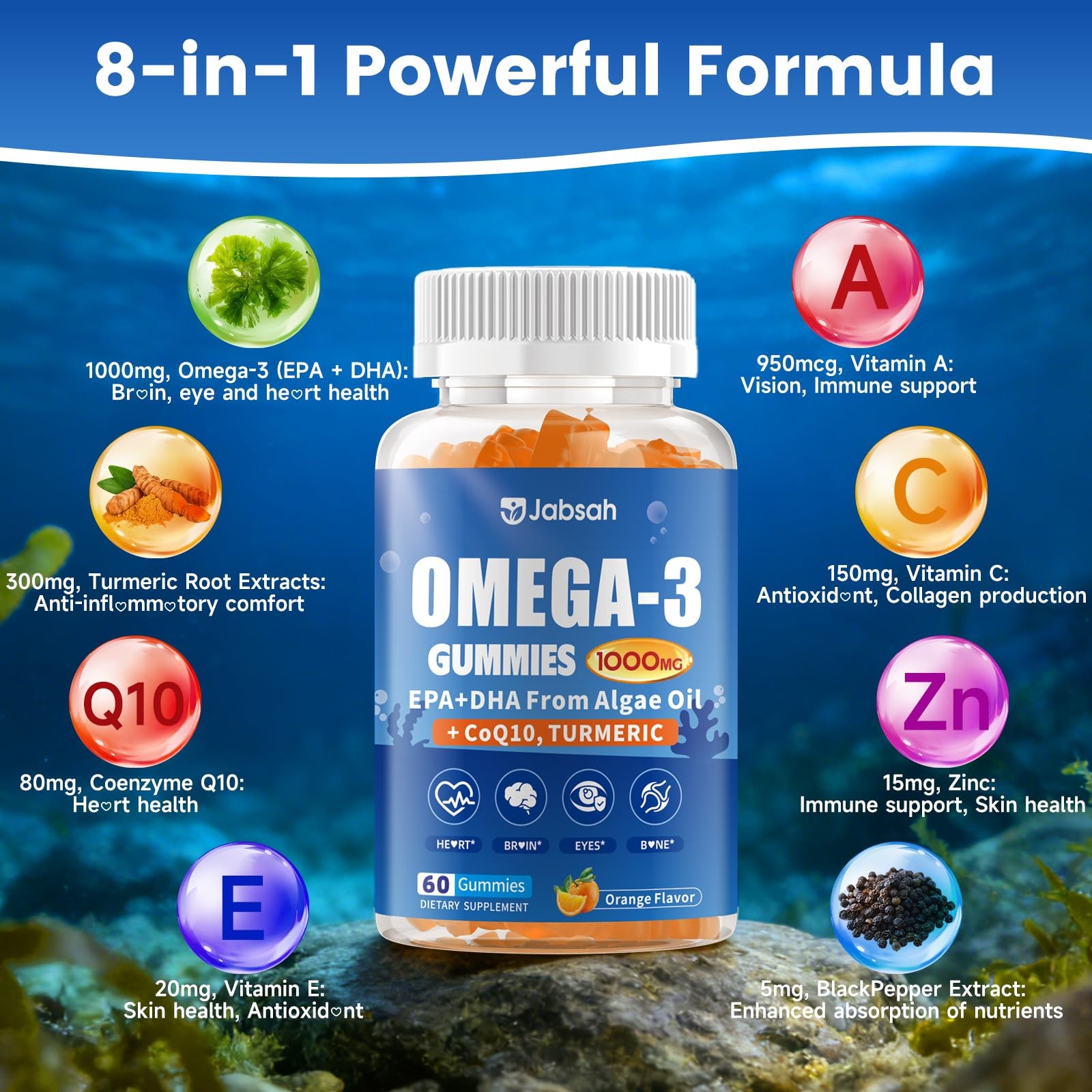 Jabsah Vegan Omega-3 Gummies 1000Mg From Algae Oil Dha 460Mg Epa 230Mg Omega 3