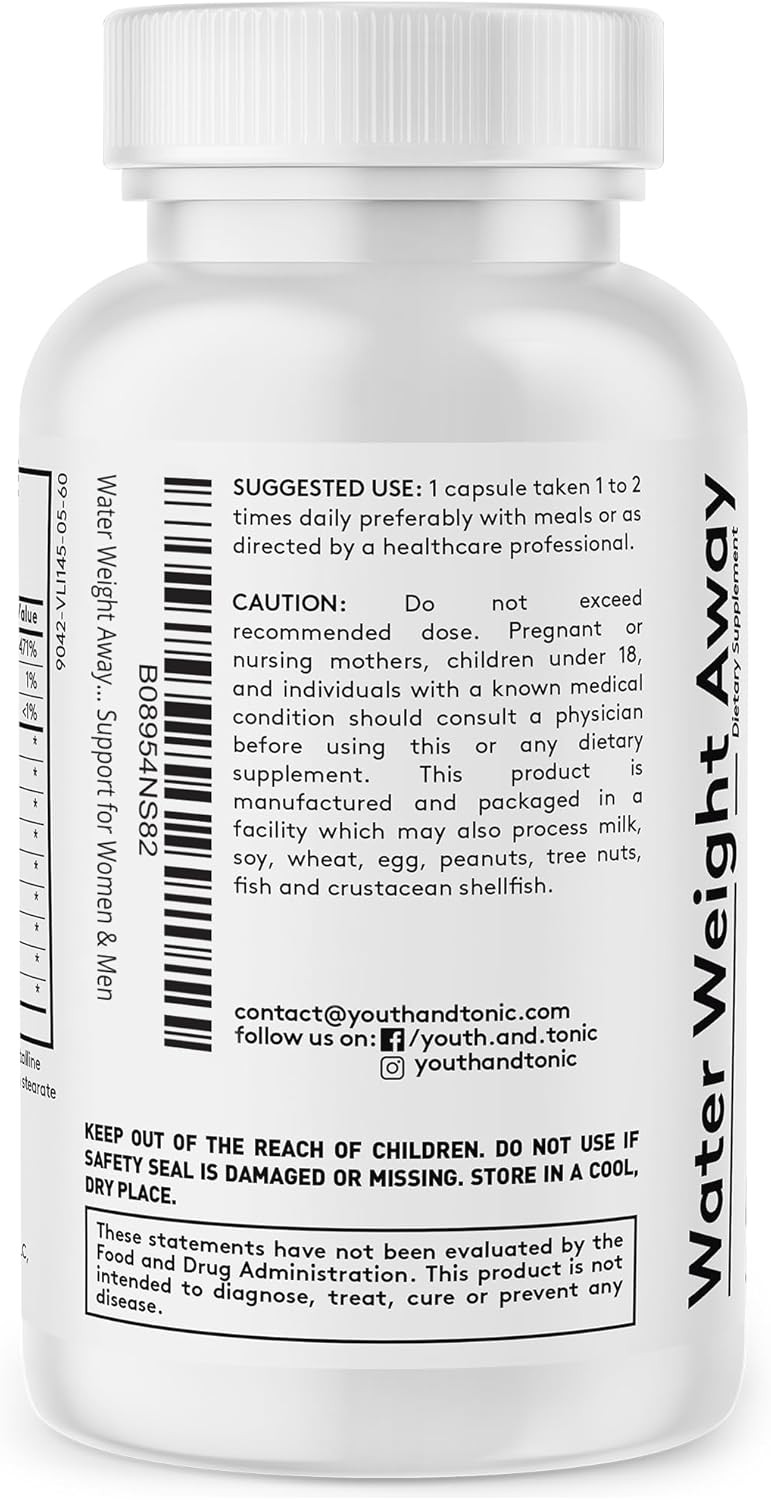 Youth & Tonic Natural Water Weight Away Pills for Swelling Retention &…