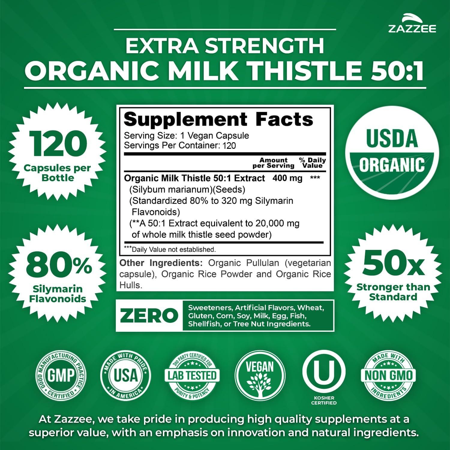 USDA Organic Milk Thistle 50:1 Extract, 80% Silymarin Flavonoids, 120 Capsules