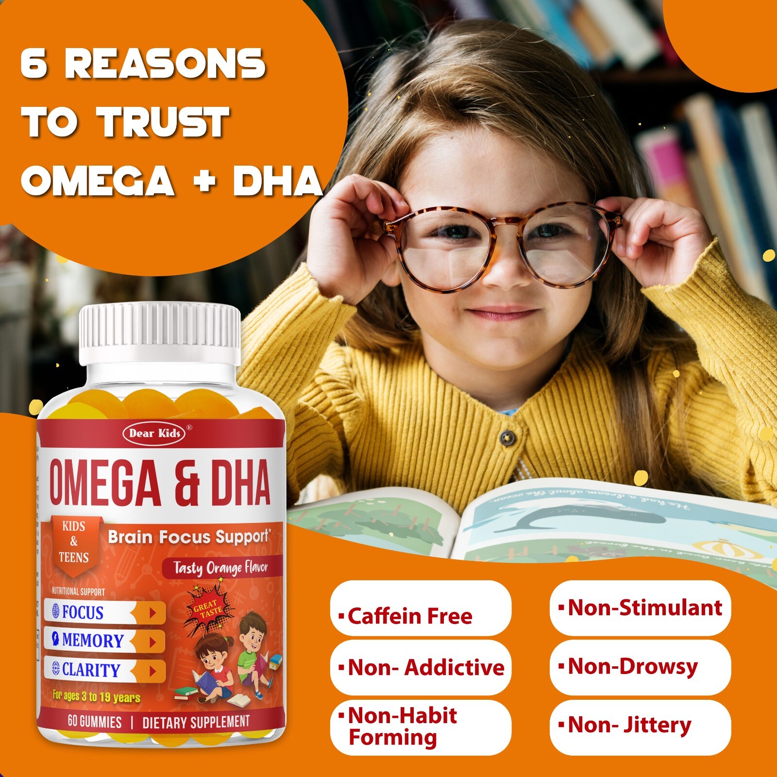 Brain Booster Focus Gummies for Kids & Teens, Omega 3 DHA Memory Supplement 60
