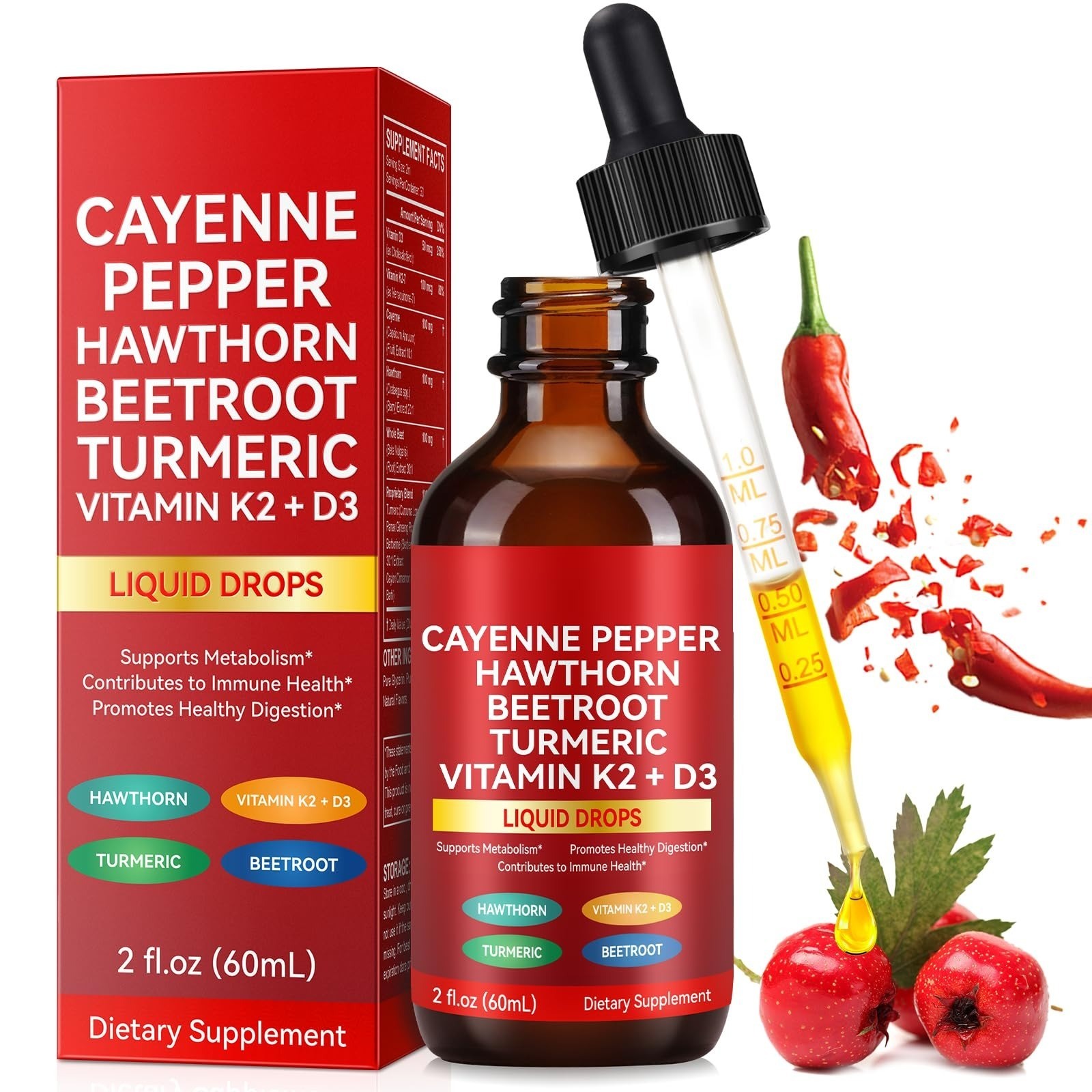 ZIXAOK Cayenne Pepper Liquid Drops with Hawthorn, Vitamin K2 & D3