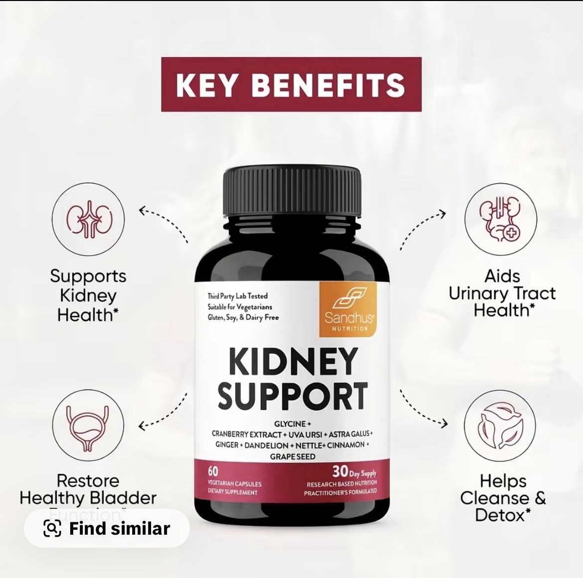Sandhus Nutrition Kidney Support Glycine Cranberry 60 Capsules Vegetarian