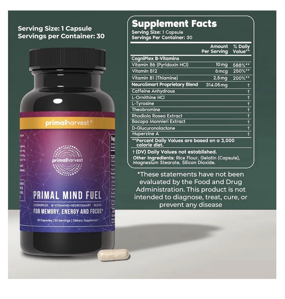 Primal Harvest Primal Mind Fuel Brain Booster Supplement Focus Energy 30capsules