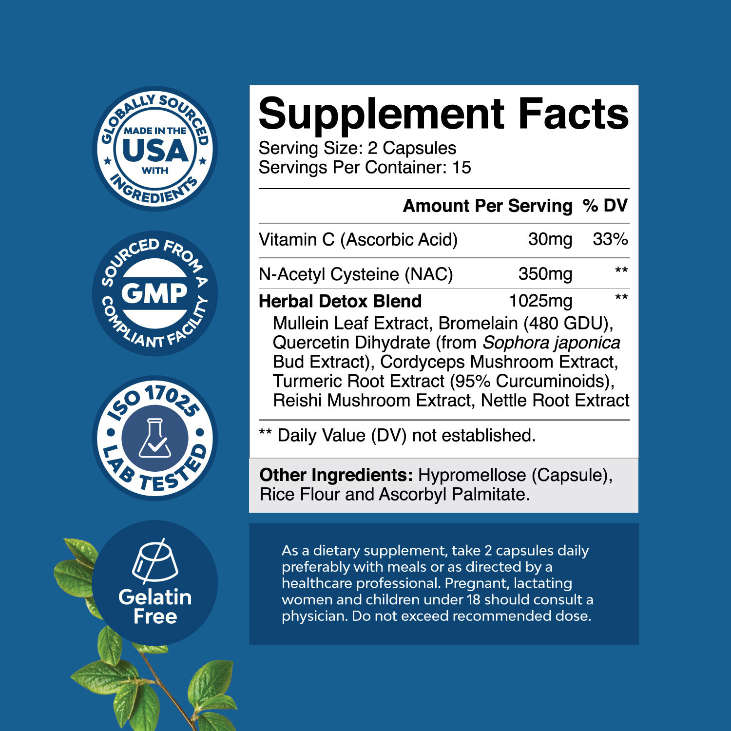 Lung Detox Mullein Leaf Capsules – with NAC Quercetin & Cordyceps Extracts 30ct