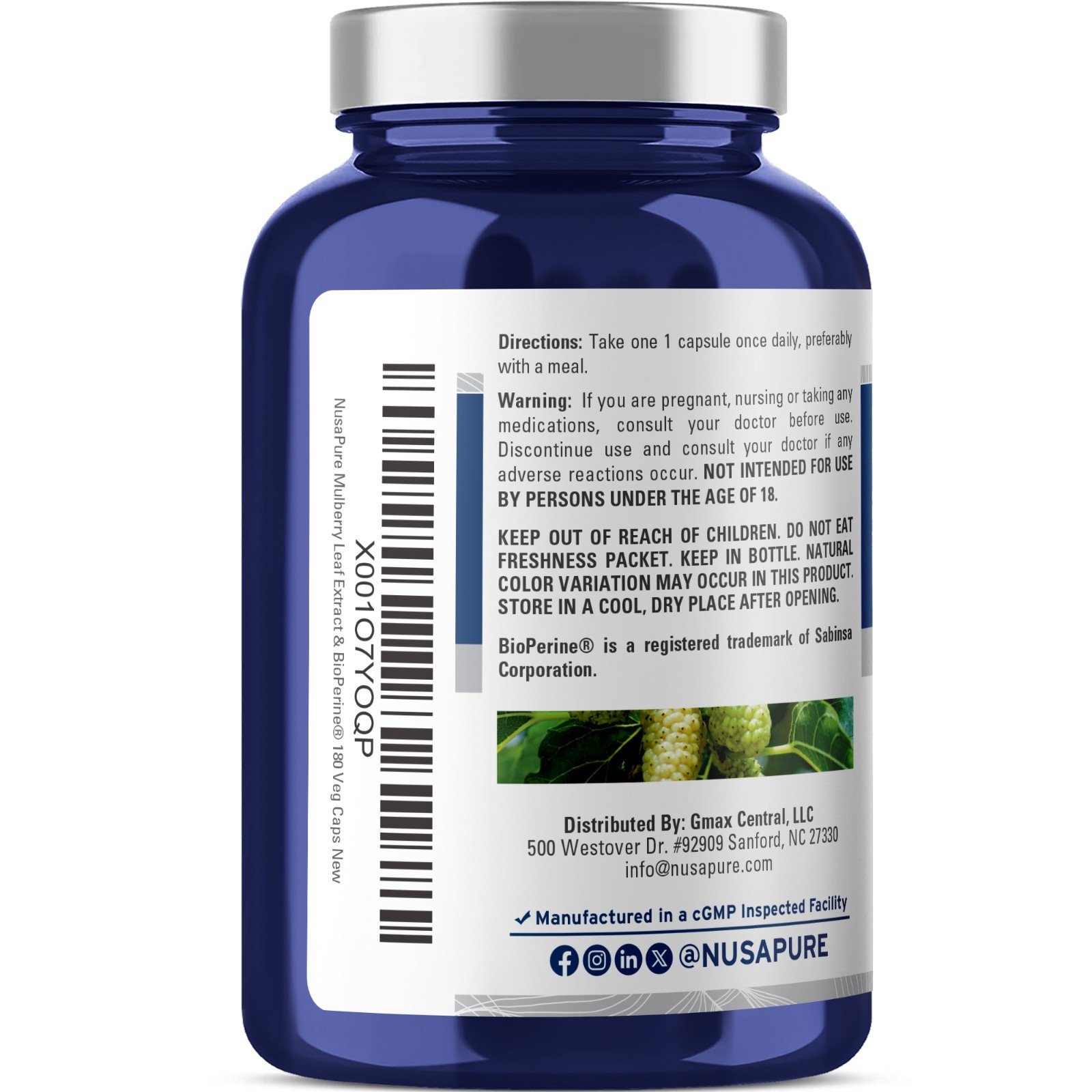 NusaPure White Mulberry Leaf Extract 5,000mg 180 Veggie Caps Non-GMO Vegan