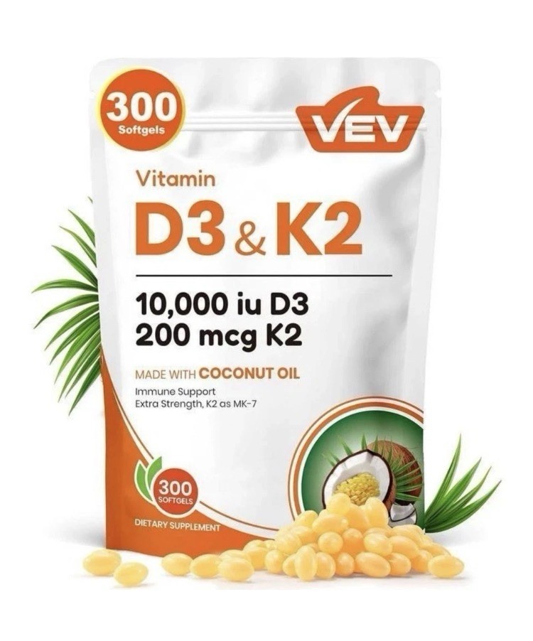 VEV Vitamin D3 & K2 10,000 IU D3 200 mcg K2 300 Softgels Coconut Oil Vegan