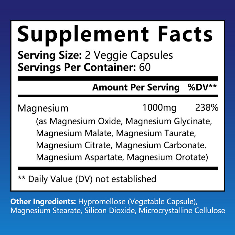 Magnesium Complex 1000mg, 8 Elemental Magnesium, Gluten Free- Non-GMO