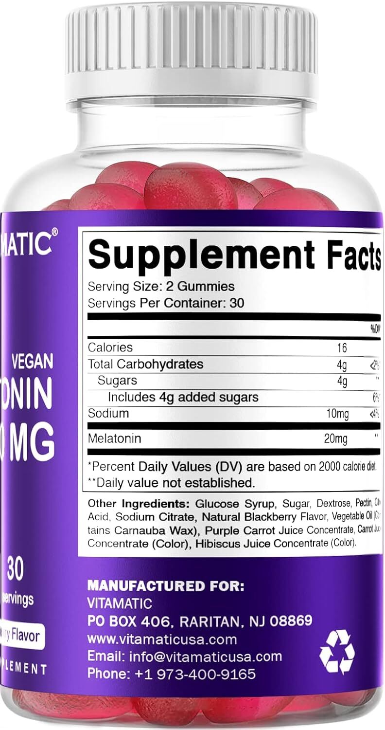 Vitamatic Melatonin 20mg Gummies for Adults, 30 Servings 60 Count (Pack of 1)