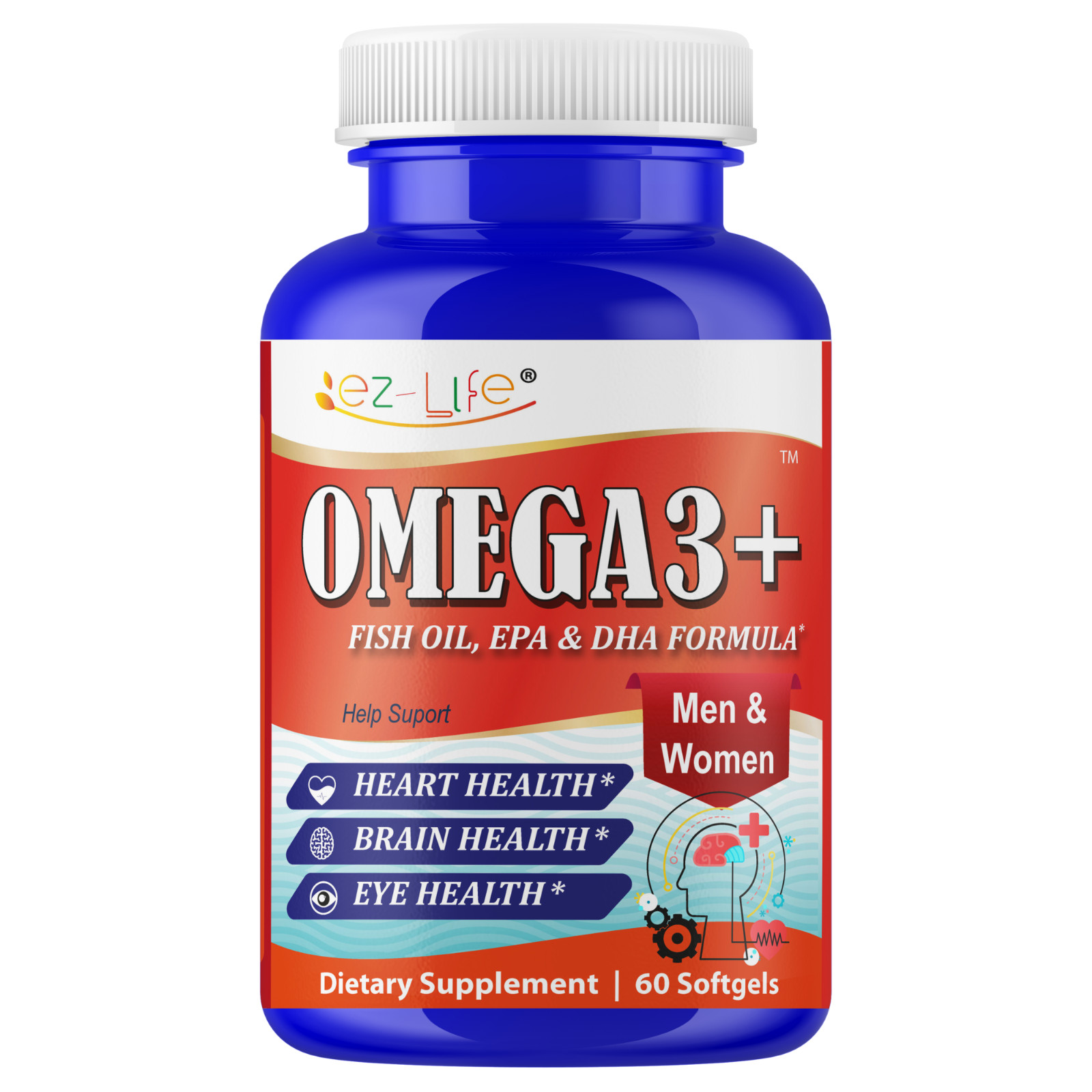 Fish Oil EPA DHA Omega 3 Supplement for Brain Heart Eye Support- 60 Softgels