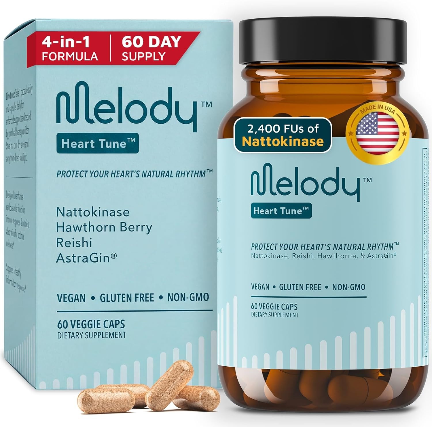 Melody Heart Tune 4-in-1 Blood Pressure Support – Nattokinase – 60 ct – 8/27