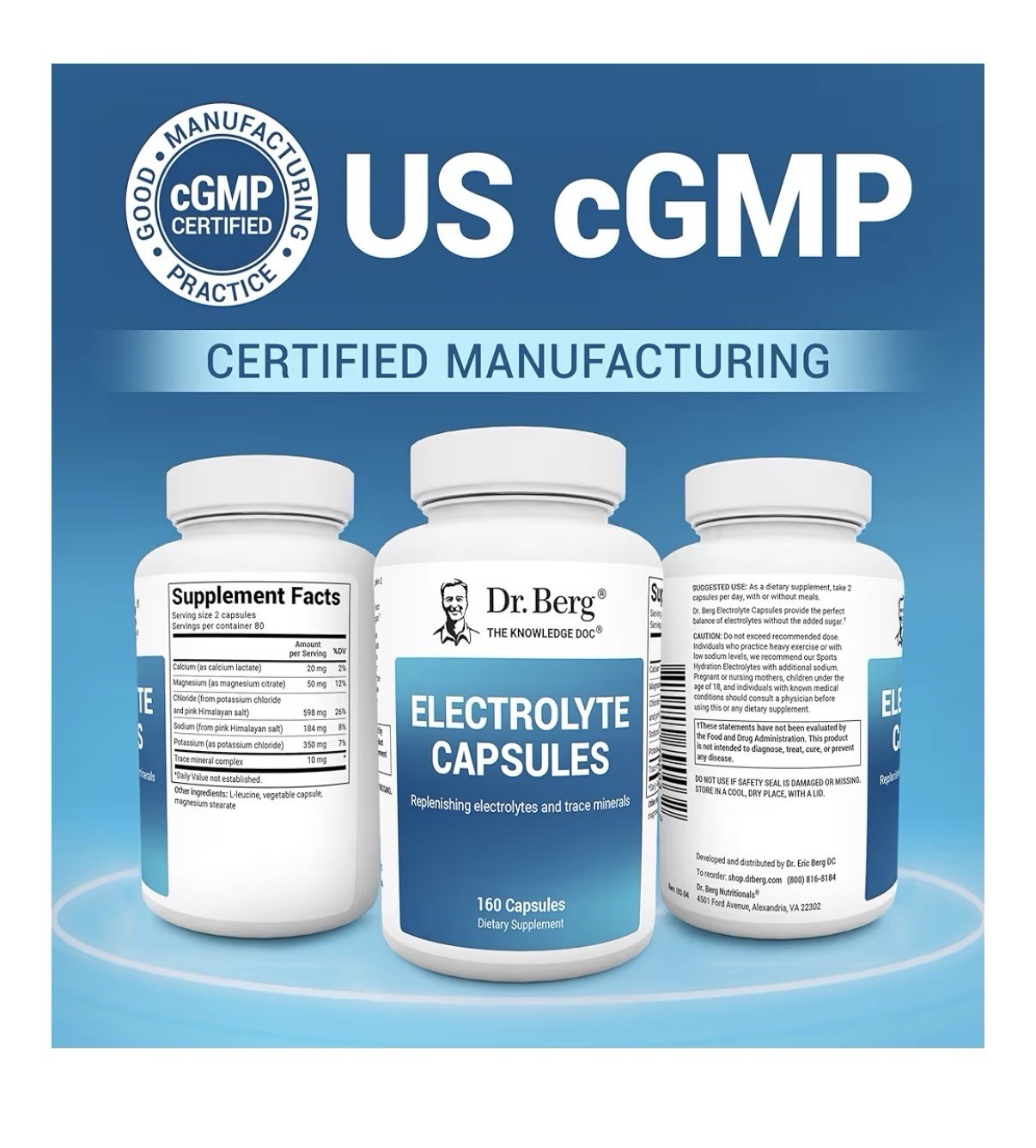 Dr. Berg Electrolyte Capsules Supplement Energy Endurance Hydration 160 Capsules