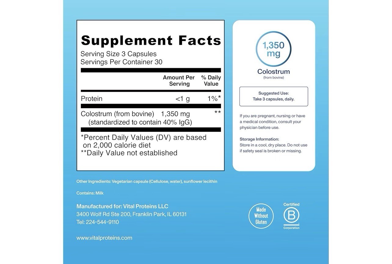 Vital Proteins Colostrum Gut Immune Health Dietary Supplement 1350mg 90 Capsules