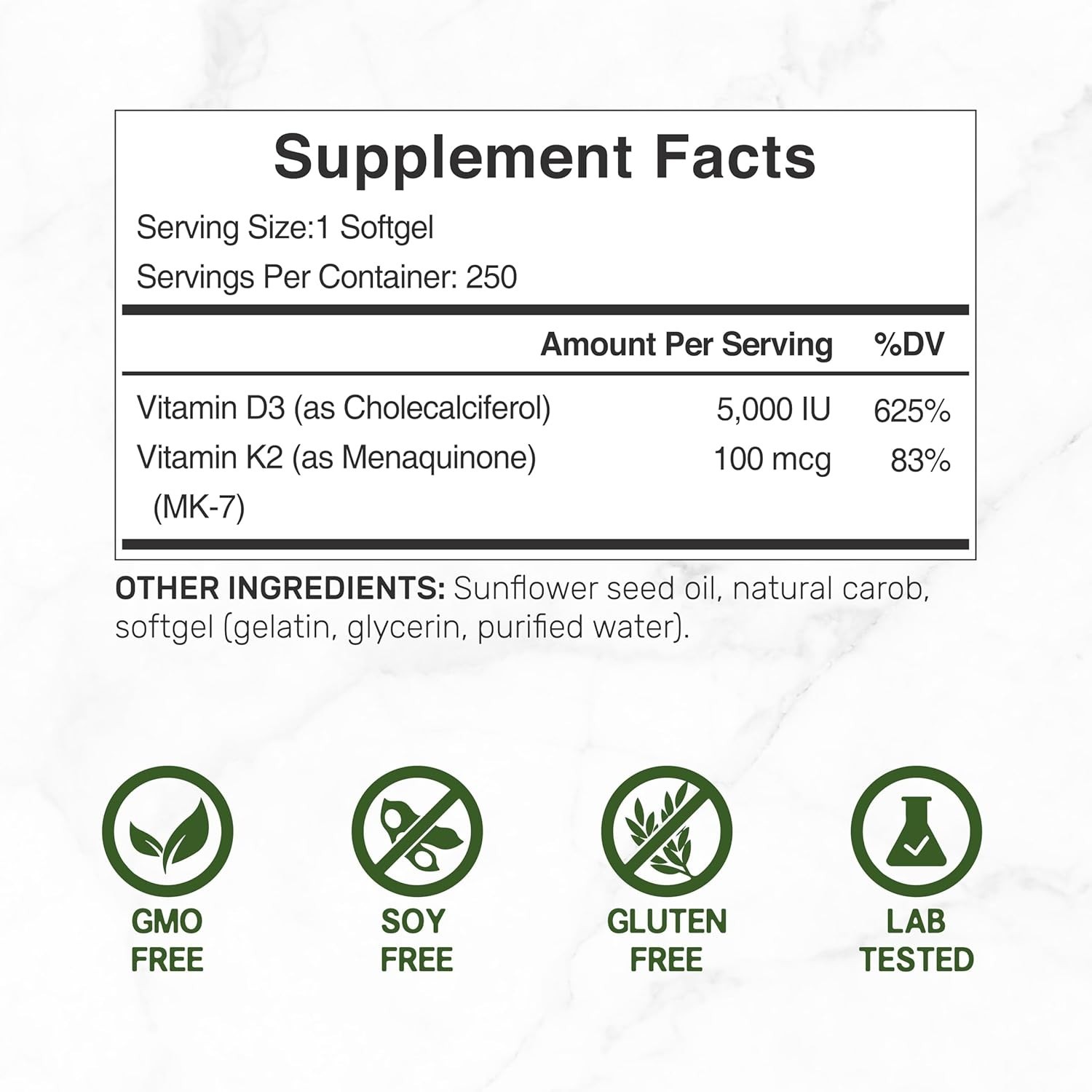 DEAL SUPPLEMENT Vitamin D3 5,000 IU + K2 MK7 Softgels,250 Count | 2-in-1 Complex