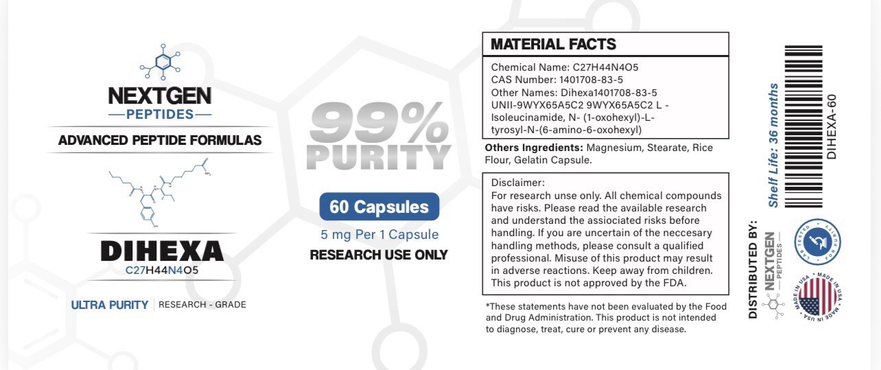 NextGen Peptides Dihexa 5 mg Capsules, 60 Count – Research Use Only