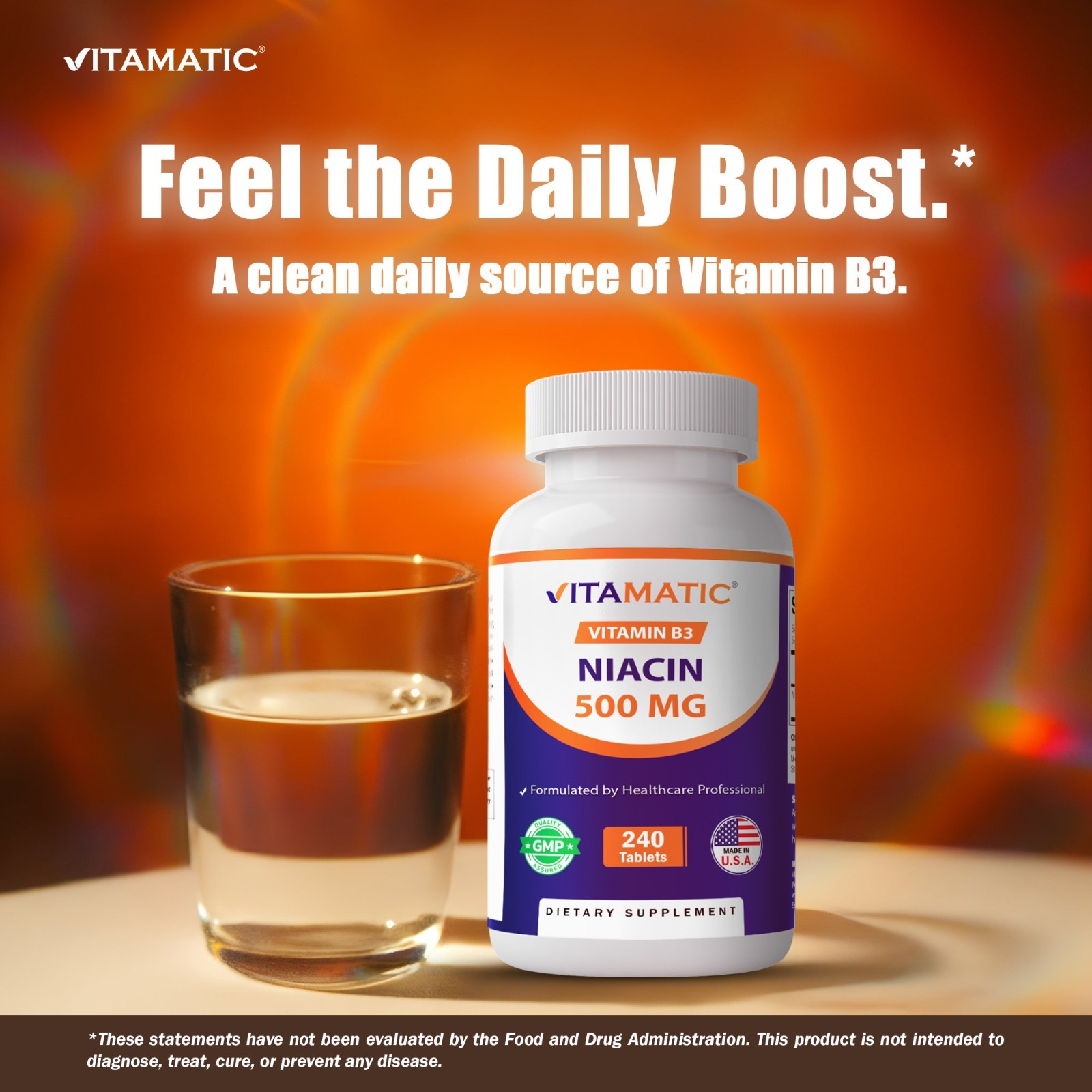 Vitamatic Niacin (Vitamin B3) 500mg, Sustained Release – 240 Tablets – 2 Pack