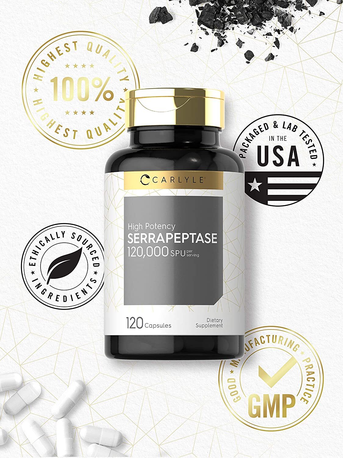 Serrapeptase 120000 SPU | 120 Capsules | Supports Sinus Health | by Carlyle