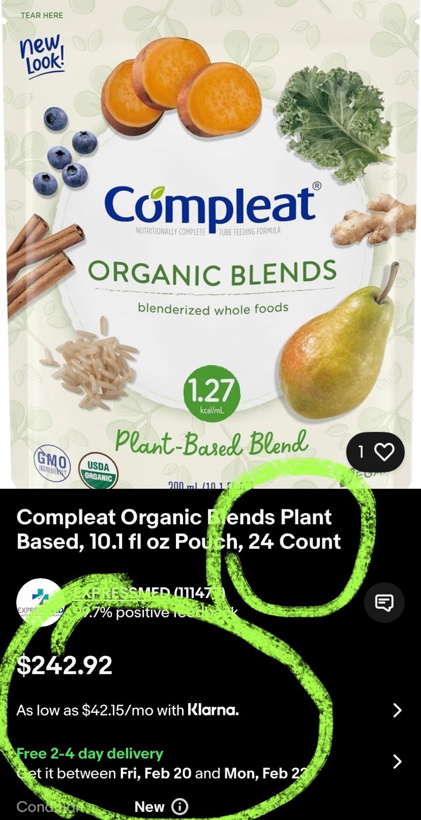 1 Box of 33 – Compleat Pediatric Organic Blend Plant Base Blended Tube Feeding