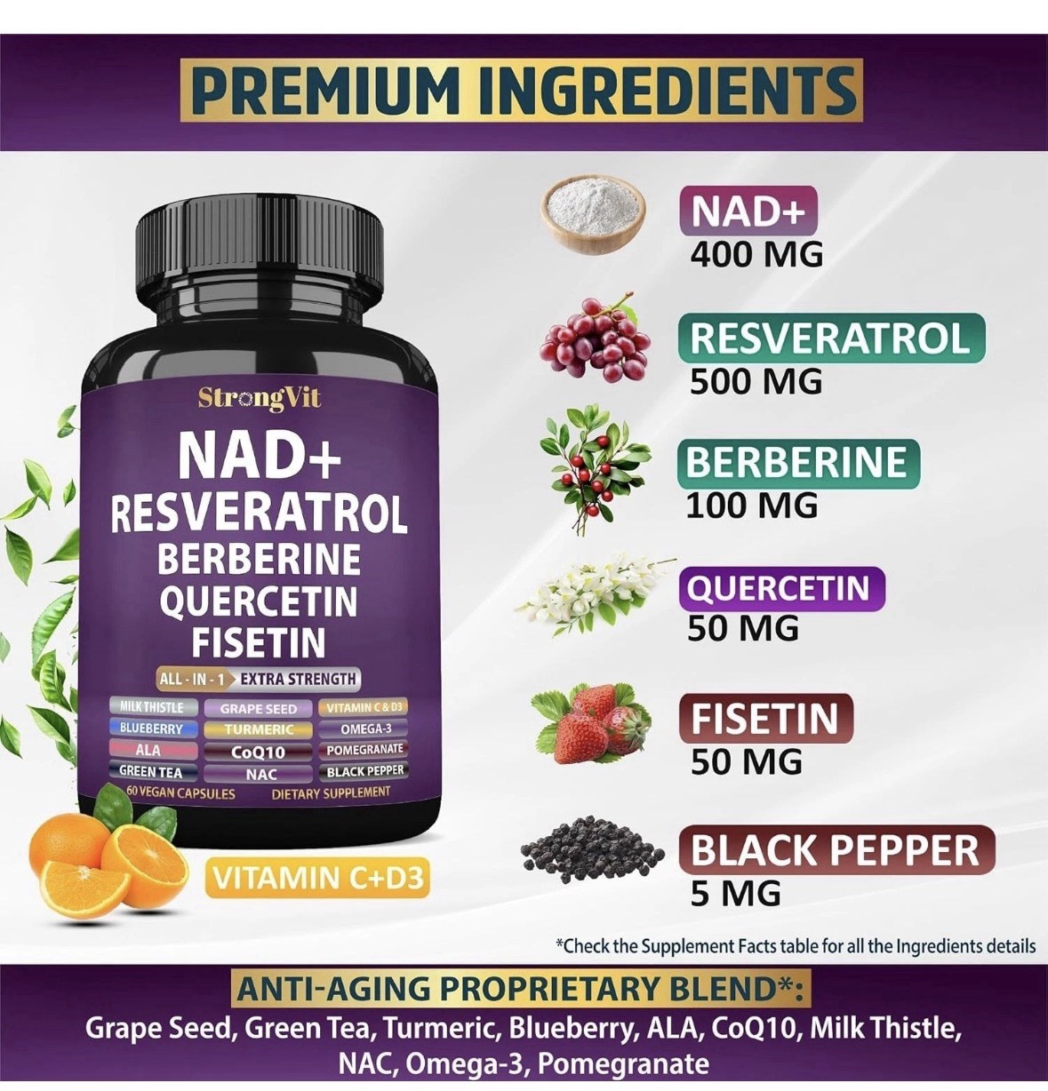 NAD Resveratrol Supplement with Berberine, Quercetin, 60 Count Pack of 2! 2027