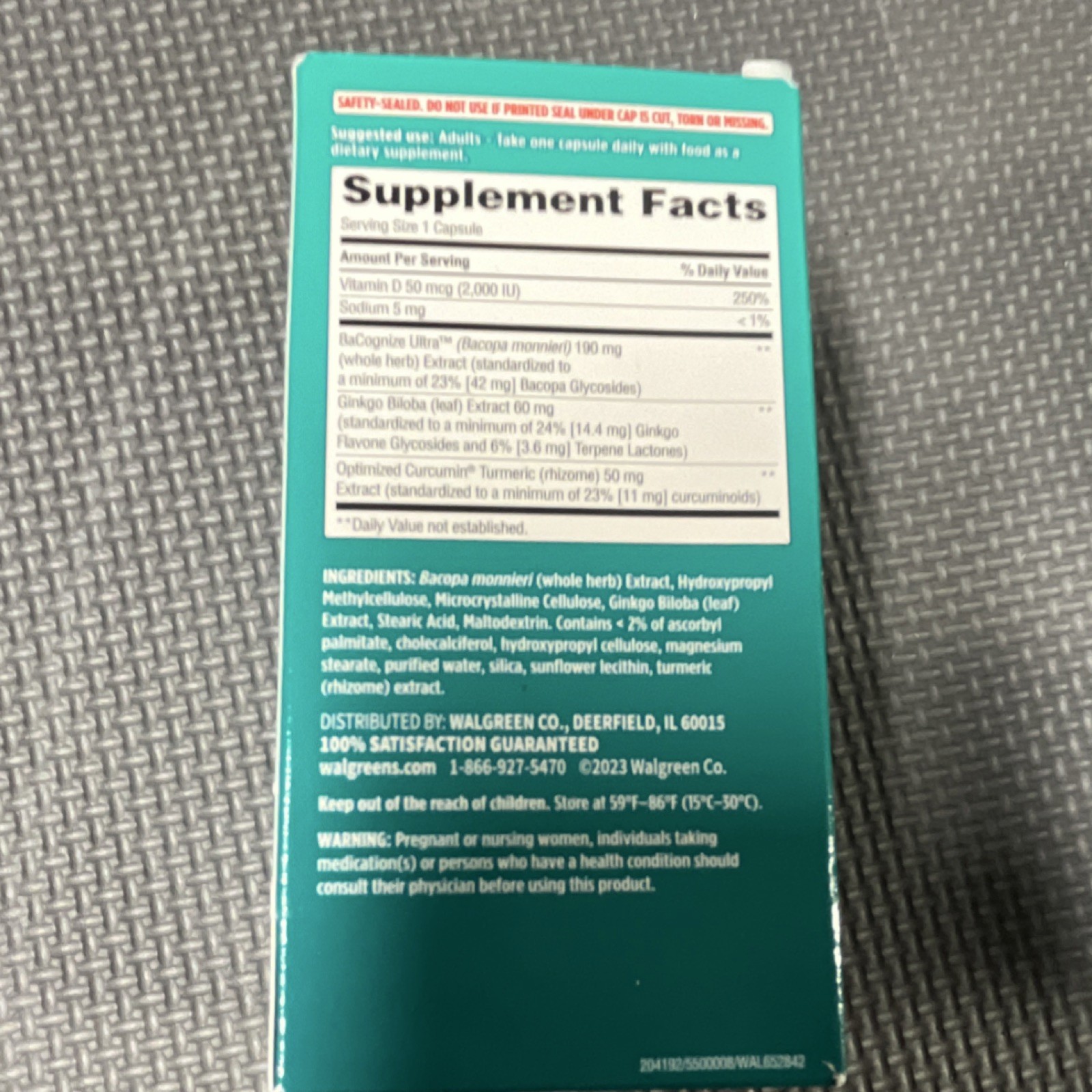 Walgreens Brain Support Capsules 60ct Bacopa Ginkgo Turmeric for Memory & Focus