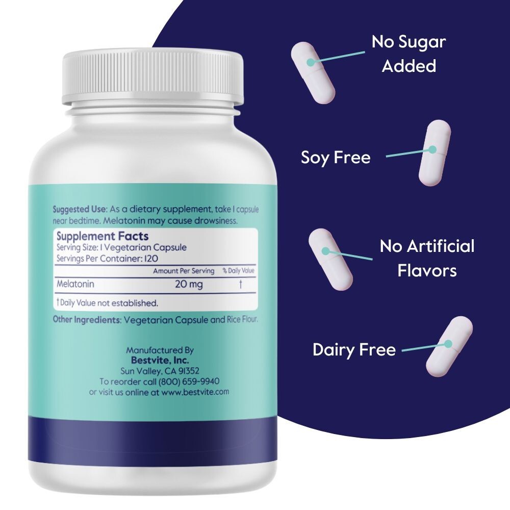 Melatonin 20mg (120 Vegetarian Capsules) – No Stearates – Vegan