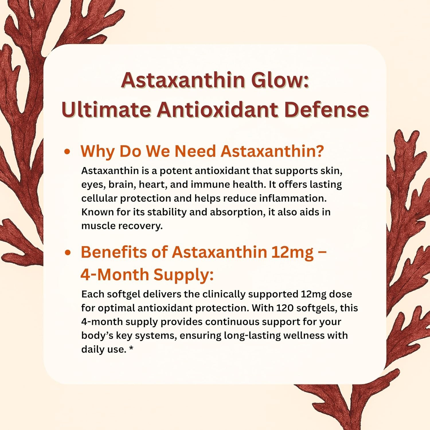 Astaxanthin 12mg Antioxidant Supplements Fresh Microalgae Eye Joint Skin Health