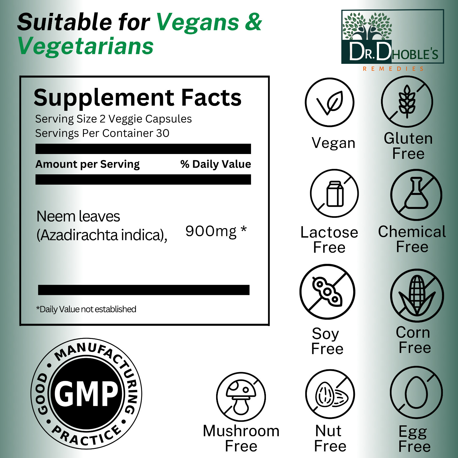 Neem · 900 Mg/ Serving · Gluten-Free · Dr. Dhoble’s · 60 Vegan Capsules · 2 Pack