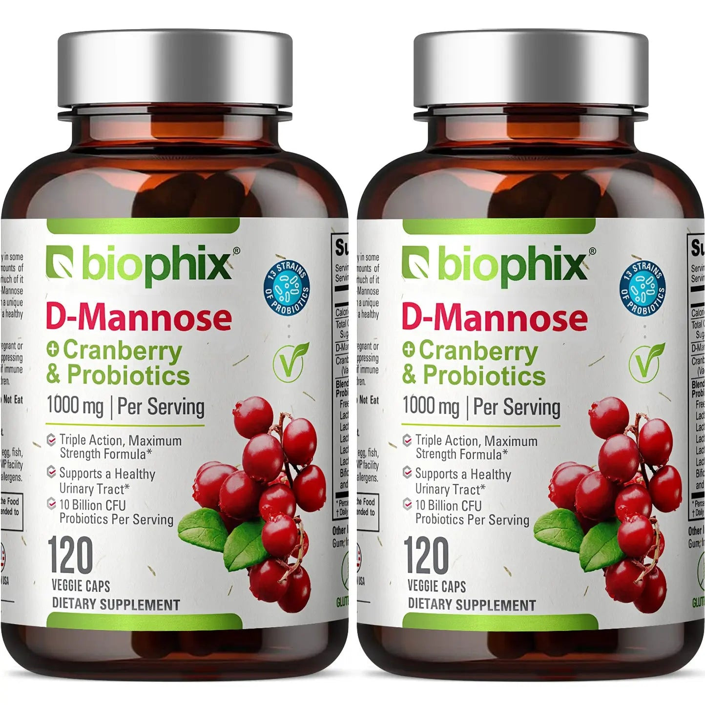 Biophix D-Mannose Plus Cranberry and Probiotics 1000 mg 120 Vcaps 2 Pack