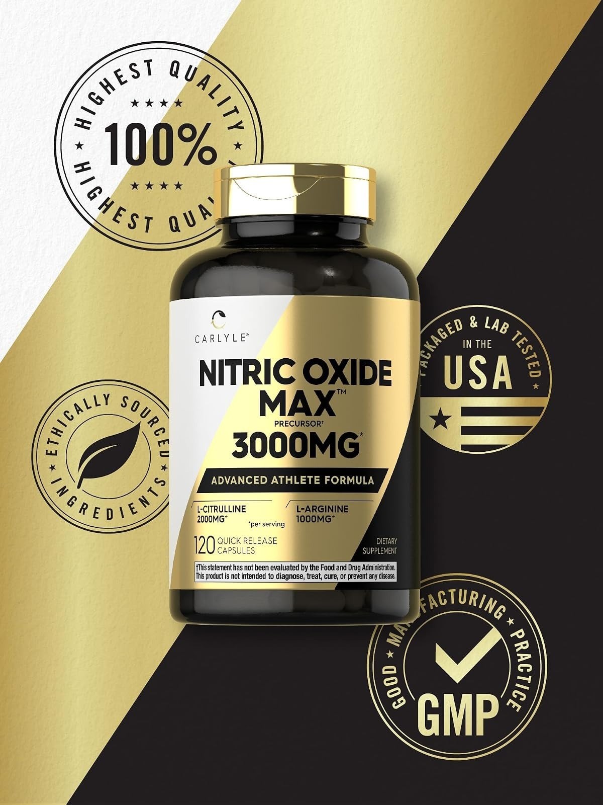 Carlyle Nitric Oxide Supplement 3000mg | 120 Capsules | L-Arginine &