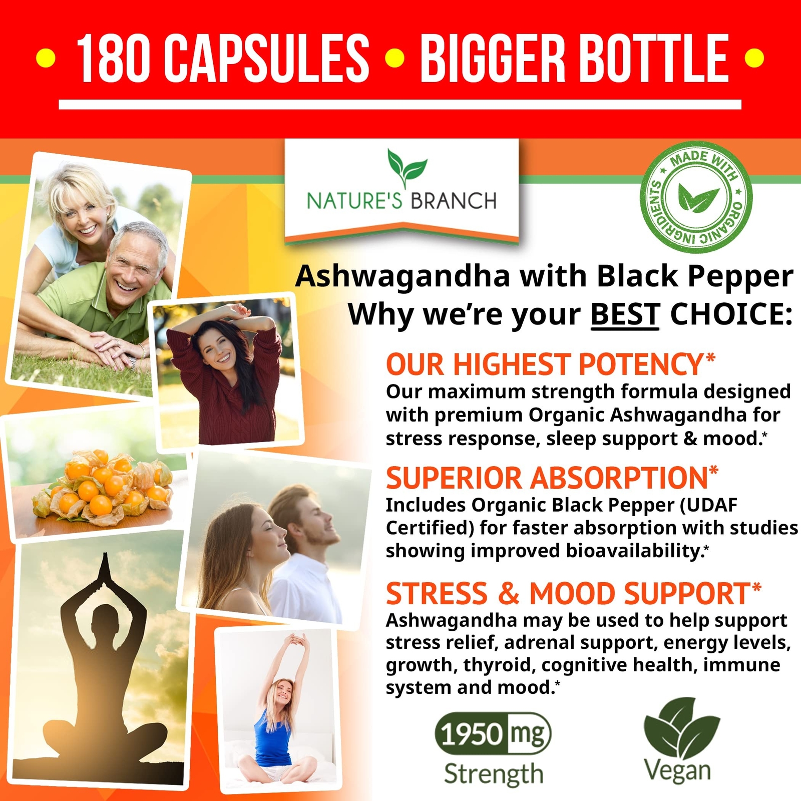 Organic Ashwagandha with Black Pepper – 180 Capsules – 1950mg Maximum Strengt…