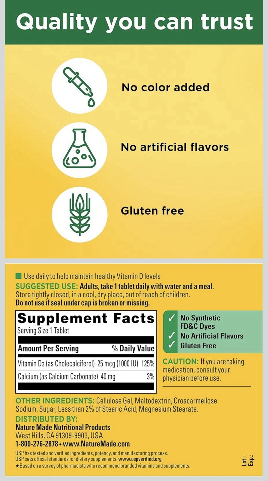 Nature Made Vitamin D3 1000 IU (25 mcg) 300 Tablets Gluten Free Unflavored