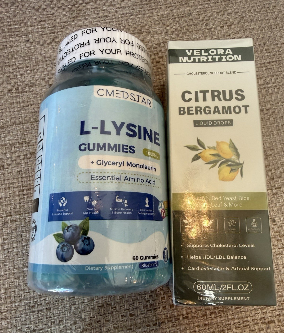 Sealed L-Lysine Gummies & Citrus Bergamot Liquid Drops Supplement Bundle New