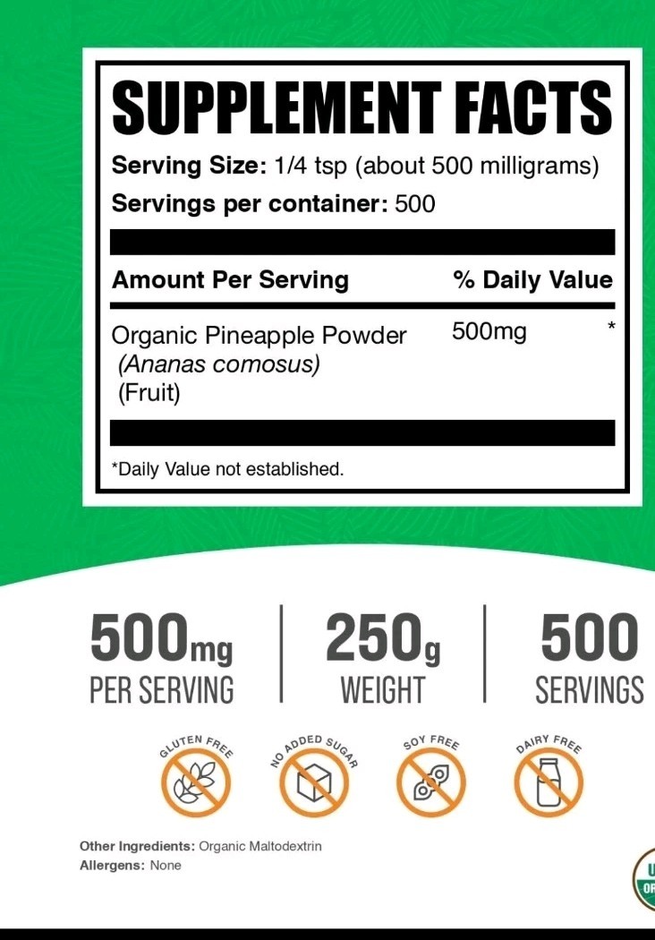BulkSupplements Pineapple Powder 8.8oz 500mg per Serving 500 Servings Exp 7/27