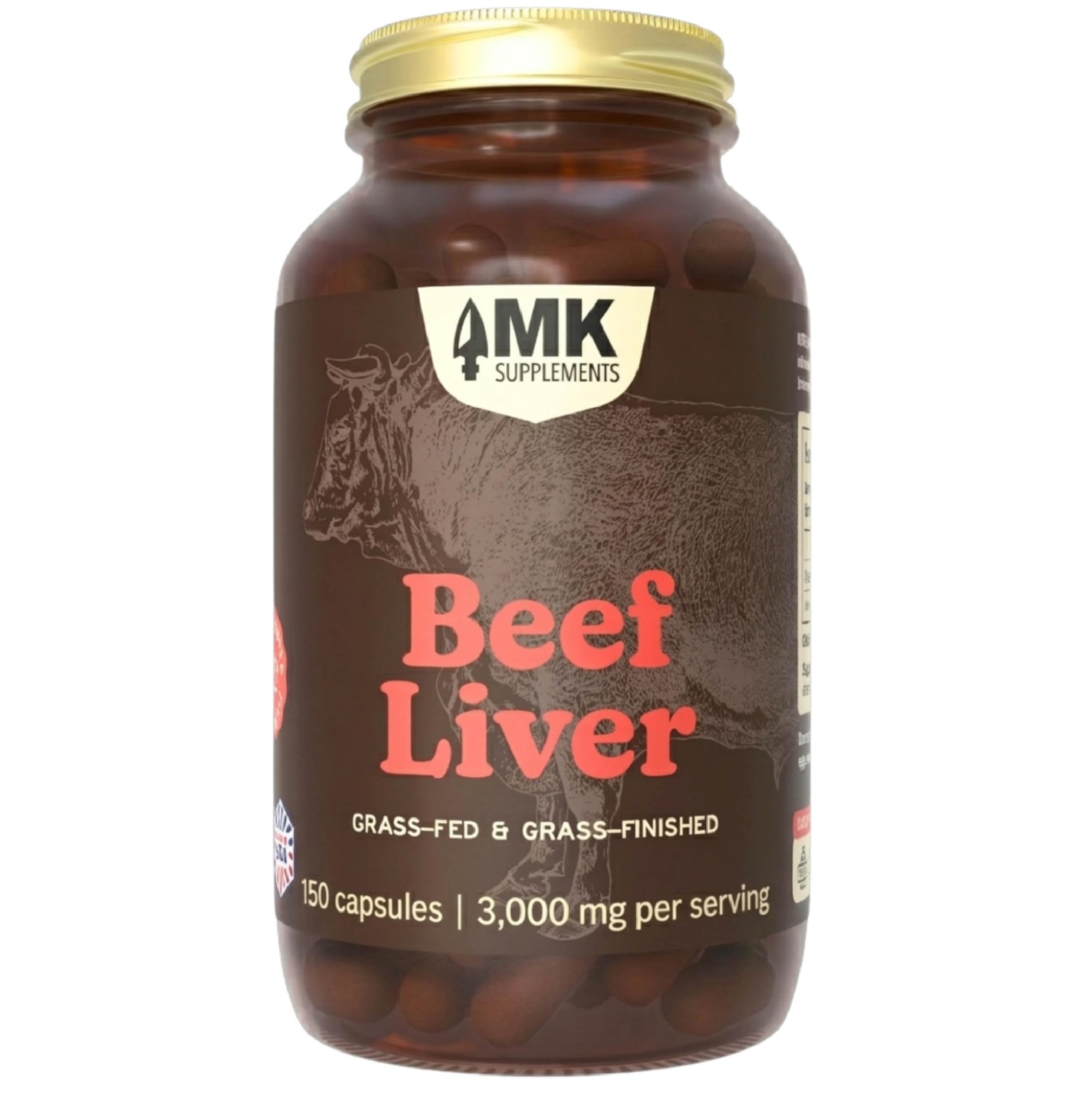 MK Supplements Grass Fed Beef Liver Supplement, Supports 30 Servings, Brown