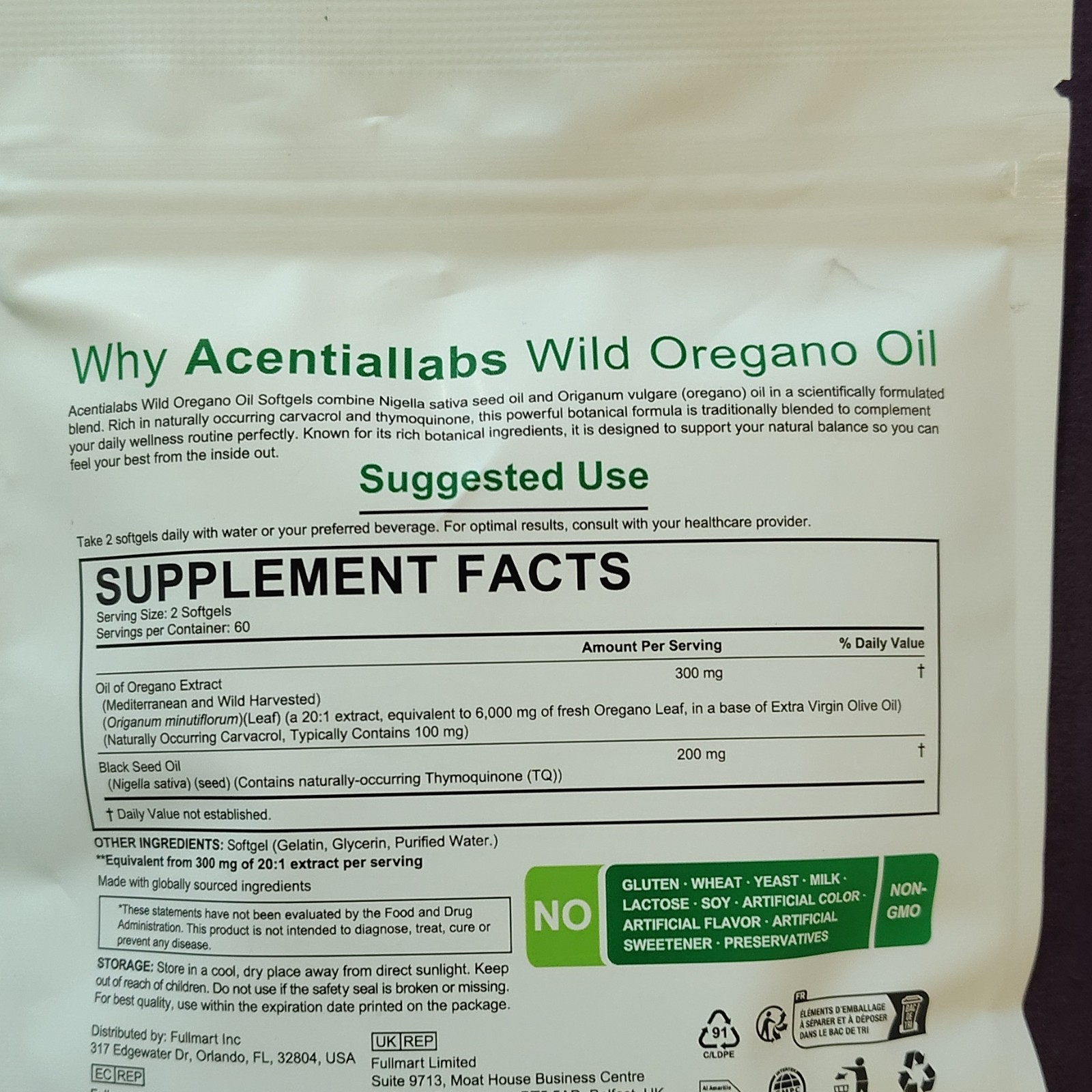 Acentialabs Wild Oregano Oil 6000mg + Black Seed Oil 120 Softgels Non-GMO