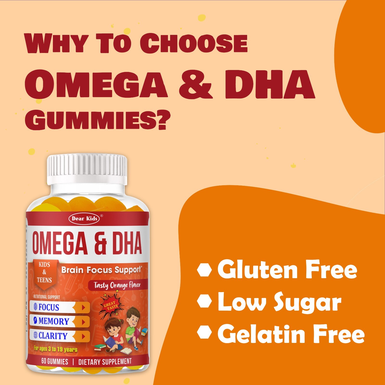 Brain Booster Focus Gummies for Kids & Teens, Omega 3 DHA Memory Supplement 60