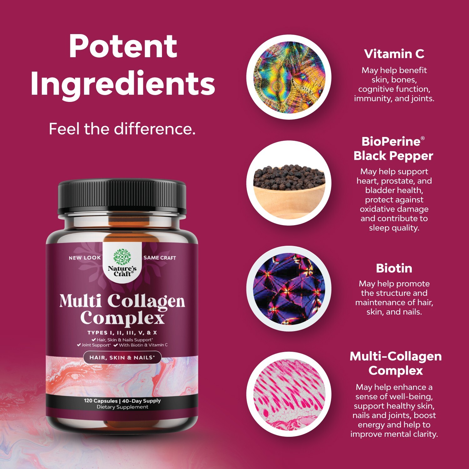 Advanced Multi Collagen Peptides Pills 120ct – Biotin and Collagen Supplement