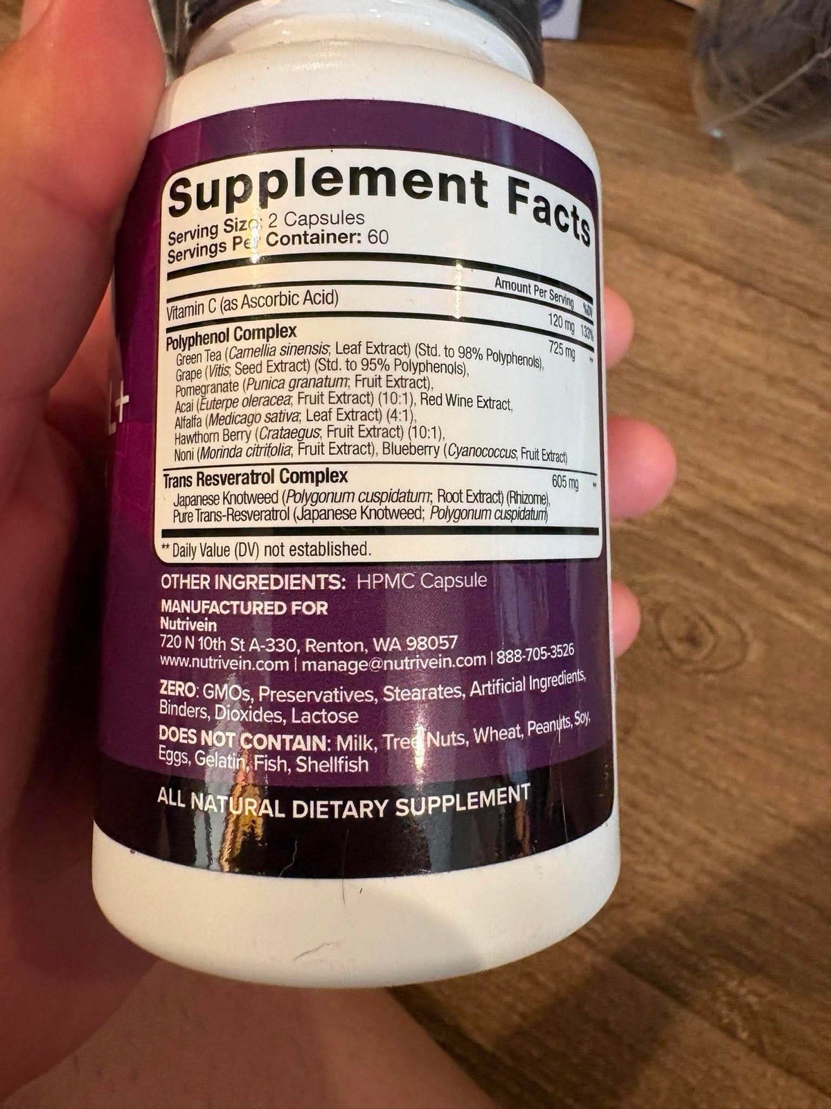 NutriVein Resveratrol 1450mg 120 Vegetable Capsules All Natural Gluten Free