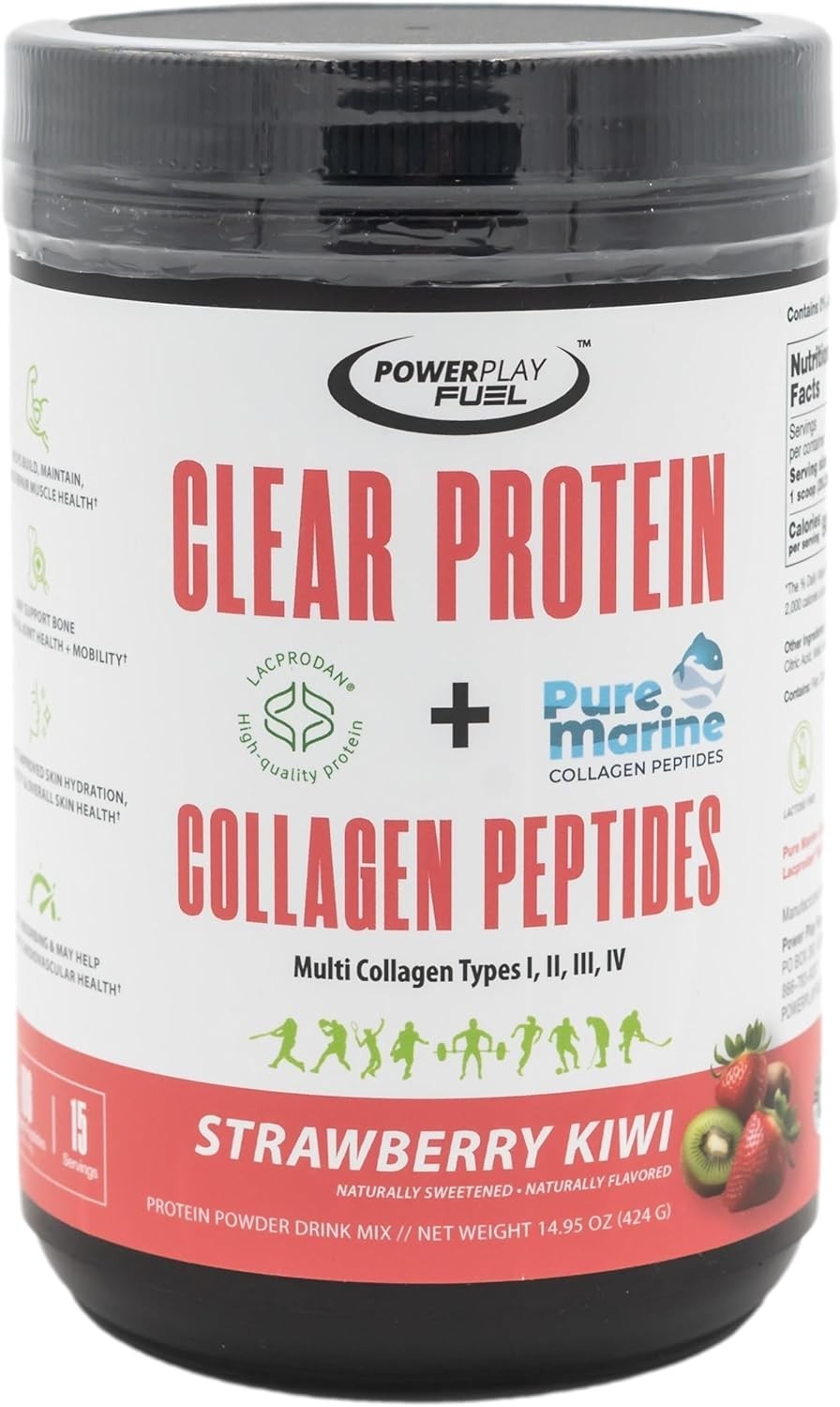 Power Play Fuel Clear Protein & Collagen Peptides Powder – Strawberry Kiwi 15oz.