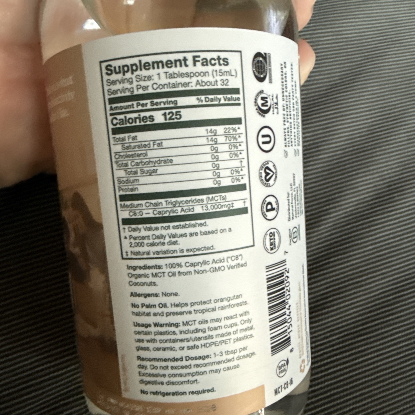 Natural Force Pure C8 MCT Oil – 16 fl oz (473mL) – USDA Organic Keto Brain Fuel