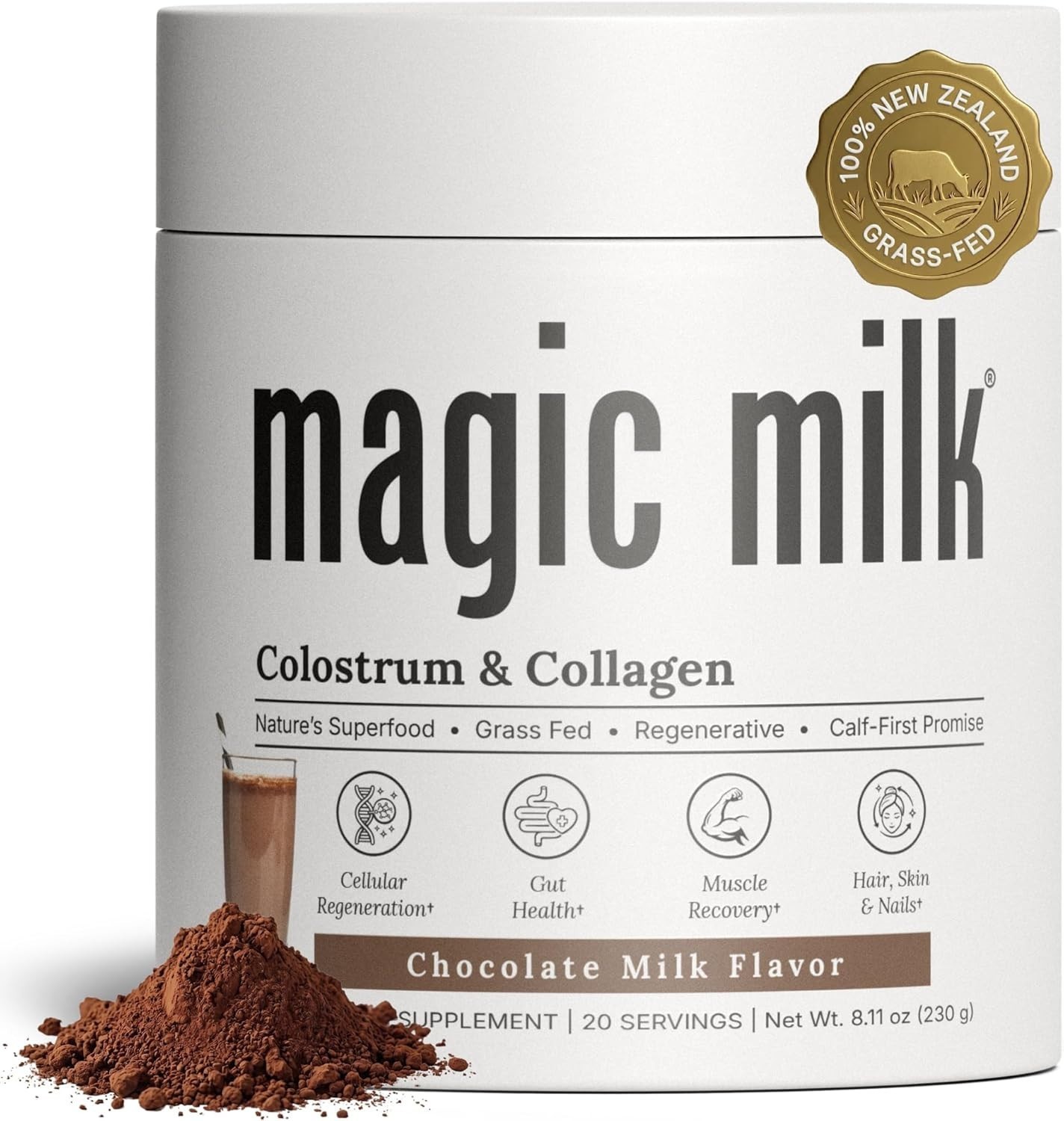 Magic Milk Grass-Fed Colostrum & Collagen Powder – CHOCOLATE – 8.11oz – 03/28