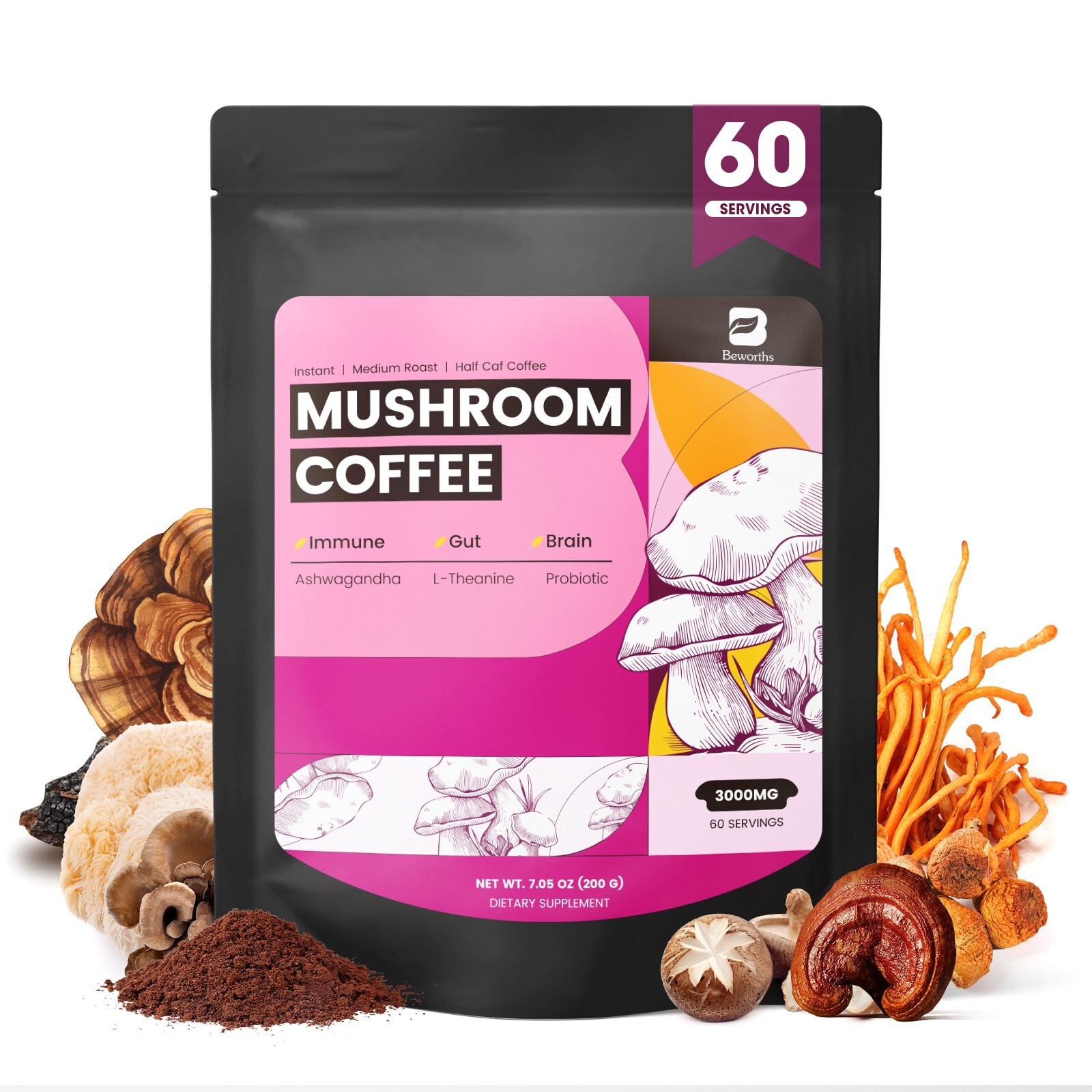Organic Mushroom Coffee with Lion’s Mane & Chaga – Instant Powder, 60 Servings